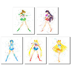 Sailor Moon Watercolor Art Prints - Set of 5 (8 inches x 10 inches) Wall Decor Photos - Sailor Jupiter Mars Venus Mercury