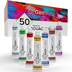 GenCrafts Gouache Paint Set - Set of 50 Premium Vibrant Colors - (12 ml, 0.406 oz.) - Quality Non Toxic Pigment Paints for Canvas, Fabric, Crafts, and More - for All Artists: Adults and Kids