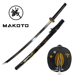 Makoto Hand Forged Razor Sharp 41" Black Samurai Katana Sword - Hand Painted Golden Cranes on