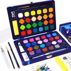Watercolor Paint Set - 48 Solid Assorted Watercolors Paints Half Pans with Watercolor Brush Pen + 8 Extra Bonuses, Travel Watercolor Kit Portable Watercolors for Professional Artists, Students, Kids