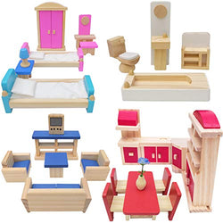 Toydaze Wooden Doll Furniture 5 Room Kit for 1:12 Scale Dollhouse or Pet Shop, Playhouse Miniature Wood Toy Furniture and Accessories, Includes Kitchen, Dining Room, Living Room, Bedroom, Bathroom