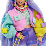 Barbie Doll with Pet Koala, Barbie Extra, Kids Toys, Clothes and Accessories, Wavy Lavender Hair, Colorful Butterfly Sweater, Pink Boots
