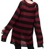 Women Punk Gothic Long Sweater Cool Hollow Out Hole Broken Jumper Loose Tops (Red, One Size)