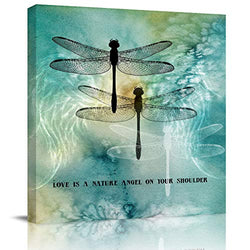 Canvas Wall Art Abstract Love is A Nature Angel On Your Shoulder Ink Dtyle Dragonfly Pattern Prints Square Artwork Framed for Home Decoration Ready to Hang,20x20 inch