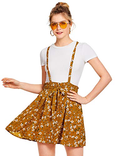 Romwe Women's Floral Print Self Tie Waist Crisscross Pinafore Overall Dress Ginger L