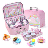 24 Piece Unicorn Pretend Tin Teapot Set with a Carrying Case & Desserts for Tea Party and Kids Kitchen Pretend Play