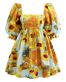 ENLACHIC Women's Sexy Van Gogh Starry Night Puffed Sleeve Backless Pleated Mini Dress,Van Gogh Sunflower,XL