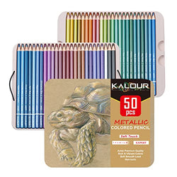KALOUR 50 Piece Metallic Colored Pencils for Adult Coloring,Soft Core with Vibrant Color,Ideal for Drawing Blending Sketching Shading,Coloring Pencils for Adults Kids Beginners