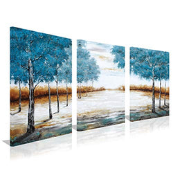 3 Panels Tree Oil Paintings on Canvas Forest Landscape Modern Abstract Wall Art 100% Hand-Painted Nature Artwork Framed for Living Room Wall Decorations Ready to Hang