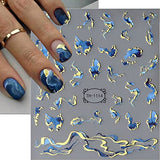 6 Sheets 3D Gold Wave Line Nail Stickers Blue Blooming Marble Nail Decals Abstract Lines Nail Art Stickers Self Adhesive Bronzing Nail Decal Stickers for Nails DIY Nail Supplies Women Nail Accessories