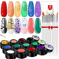 Saviland Gel Paint Kit - 12 Colors Gel Nail Polish Kit Nail Gel Art Polish Set with 15pcs Painting Nail Brush Pen for Drawing Nail Art Design DIY at Home