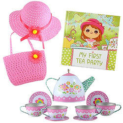 Tea Party Gift Set- Includes Book, Tea Set, Hat, and Purse. Perfect Pretend Play for Toddlers and Little Girls Age 2 3 4 5 6 7 Years- My First Tea Party!