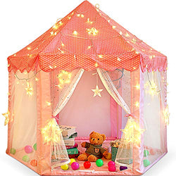 Princess Castle Play Tent for Little Girls with Large Star String Lights & Balls ,Kid’s Hexagon Playhouse for Children Indoor and Outdoor Games 55'' x 53'' Pink