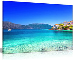 Blue Beach Sea Nature Kefalonia Island Greece Canvas Wall Art Picture Print (30x20in)