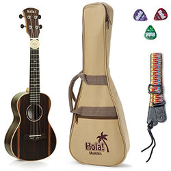 Concert Ukulele Deluxe Series by Hola! Music (Model HM-124EB+), Bundle Includes: 24 Inch Ebony Ukulele with Aquila Nylgut Strings Installed, Padded Gig Bag, Strap and Picks - Limited Edition