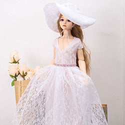Fenteer Sweet Doll Girl Long V-neck Lace Dress Skirt with Hat for 1/4 BJD SD DD DOD LUTS Dollfie Costume Accessories White