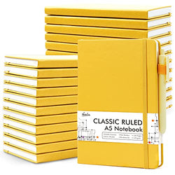 24 Pack Notebooks Journals Bulk with 24 Black Pens, Feela A5 Hardcover Notebook Classic Ruled Journal Set with Pen Holder for School Business Work Travel Writing, 120 GSM, 5.1”x8.3”, Yellow