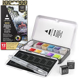 ARTEZA Iridescent Watercolor Paint Set, 12 Metallic Pearl Colors Half-Pans, Waterbrush included, Reusable Semi-Moist Glitter Paint, Non-Toxic, Art Supplies for Artists, Hobby Painters
