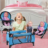 Mommy & Me 3 In 1 Baby Doll Accessories Mega Deluxe Playset with Doll High Chair, Doll Bouncer, and Doll Pack N Play Baby Doll Crib, Fits 18 Inch American Girl Doll, Blue