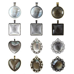 12 Styles Bundle 24 Pcs Pendant Trays, Round, Oval, Square, Heart, Flower Circle in Silver,