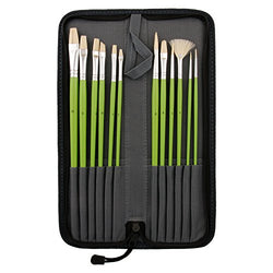US Art Supply 12-Piece Long Handle Bristle Hair Artist Oil Paint Brush Set Green Handle with