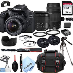 Canon EOS 2000D (Rebel T7) DSLR Camera with 18-55mm f/3.5-5.6 is Zoom Lens + 75-300mm F/4-5.6 III Lens + 32GB Card, Tripod, Case, and More (24pc Bundle)