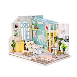 ROOMLIFE DIY Mini Dollhouse Kit Bedroom Set Miniature Green Rooms 1:24 Scale with Furniture Wallpaper Dollhouse Miniature Kit Great Gift for Girl Dollhouse Build Kit for Adults Easy for Starters