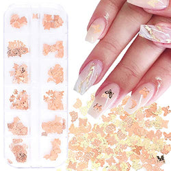 Butterfly Nail Glitter, 12 Grids 3D Metallic Rose Gold Butterfly Nail Art Sequins Stickers Hollow Metal Slices Nail Studs Decals Manicure Nail Art Design Makeup DIY Nail Decorations