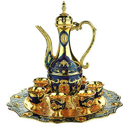 Vintage Turkish Coffee Pot Set for 6 including Tray & Teapot Silver Inserted with Swarovski Style Crystals (Blue)