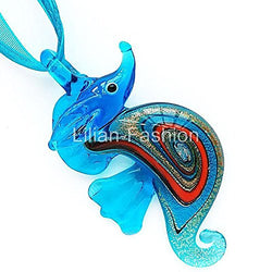 Silver Foil Sea Horse Lampwork Glass Murano Bead Pendant Ribbon Cord Necklace Aque