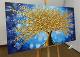 MUWU Paintings 24x48 Inch Lucky Tree Paintings 3D Abstract Paintings Golden Flower Oil Hand Painting On Canvas Wood Inside Framed Ready to Hang Wall Decoration for Living Room (Blue)