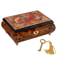 Haelo Red Rose Floral Butterfly Inlaid Wood Jewelry Music Box Plays Edelweiss 7x5