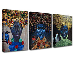 Black Women Weird Blue Face Canvas Wall Art for Living Room Decor Scary Afro Woman Paintings Dense Wall Decor Artwork African American Home Decor Room Wall Pictures Framed Ready to Hang 48x24 Inch