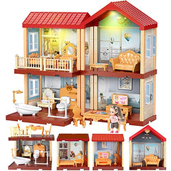 Dollhouse Dreamhouse Building Toy Set - DIY Cottage Pretend Play Doll House with Lights, Princess Dream House with 4 Rooms, Girl Doll and Furniture Accessories, Gift for Kids Girls and Toddlers