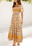 ZESICA Women's 2023 Summer Boho Floral Print Square Neck Ruffle Swing Beach Long Maxi Dress,Yellow,Medium