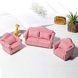 SPING DAWN Dollhouse Doll Furniture 1/12 Miniatures Doll House Furnishings 3Pc Sofa Kit with Pillow Miniature Toys Couch Chairs for Living Room (Pink Stripes)