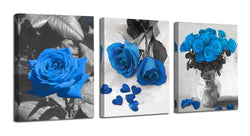 Ardemy Canvas Wall Art Blue Rose 3 Panels Flowers Pictures Prints Black and White Painting Modern Romantic Florals Framed Ready to Hang for Bathroom Bedroom Living Room Spa Kitchen Wall Decor