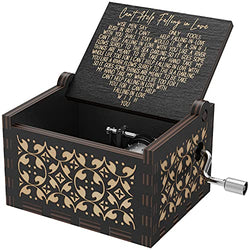 Huntmic Can't Help Falling in Love Wood Music Box, Antique Engraved Musical Boxes Case for Birthday Present Kid Toys Hand-Operated (Black)