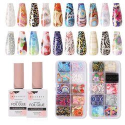 Makartt Nail Art Foil Glue Gel with Starry Sky Star Foil Stickers Set Nail Transfer Tips Manicure Art DIY 15ML, 20PCS (2.5cm100cm) Stickers, UV LED Lamp Required (Mix Different)