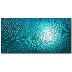 Amei Art Paintings, 24X48Inch Hand Painted Textured Wall Art on Canvas Oil Hand Painting Blooming Floral Artwork Art Wood Inside Framed Hanging Wall Decoration Abstract Oil Paintings (Teal Blue)