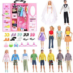 SOTOGO Doll Closet Wardrobe Set for 11.5 Inch Girl Boy Doll Clothes and Accessories Storage Include 12 Set Doll Clothes/Casual Wear/Dress/Wedding Dress, Shoes, Bags, Necklace, Hangers, Trunk, Wardrobe