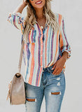 Astylish Women Striped Button Down Long Roll up Sleeves Work Shirt Blouse Tops Orange X-Large