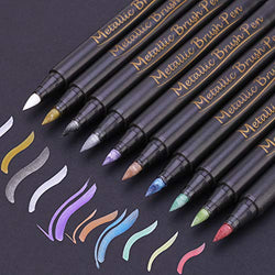 Metallic Paint Markers Pen - Brush Tip, for Black Paper, Scrapbook, Calligraphy, Lettering, Art Rock Painting, Card Making, Wine Glass, Set of 10 Colors Art Glitter Markers Pens