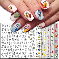 TailaiMei 12 Sheets Abstract Nail Art Stickers, Modern Minimalist Art Graffiti Nail Decals Self-Adhesive Lady Face, Simple Design Impress Color Nail Decoration for Women