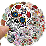 50pcs Halloween Sugar Skull Stickers, Dia de Los Muertos Mexican Day of Dead Stickers Decals, Candy Skull Stickers for Laptop Water Bottle Luggage Bike Computer