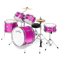 Ashthorpe 5-Piece Complete Junior Drum Set with Genuine Brass Cymbals - Advanced Beginner Kit with 16" Bass, Adjustable Throne, Cymbals, Hi-Hats, Pedals & Drumsticks - Pink