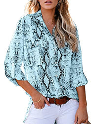HOTAPEI Womens Summer 2020 Fashion Tops and Blouses for Work Casual V Neck Animal Print 3/4 Cuffed Sleeve Button Down Collar Front Pockets Shirts Blouses Blue Medium