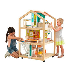 KidKraft So Stylish Mansion Wooden Mid-Century Dollhouse with EZ Kraft Assembly, Open-Concept, Wheeled Base and 42 Accessories ,Gift for Ages 3+