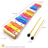 CELEMOON Natural Wooden Toddler Xylophone Glockenspiel For Kids with Multi-Colored Metal Bars Included Two Sets of Child-Safe Wooden Mallets (15-tone)