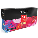 ARTEZA Acrylic Paint, Set 14 Colors/Pouches (120 ml/4.06 oz.) with Storage Box, Rich Pigments,